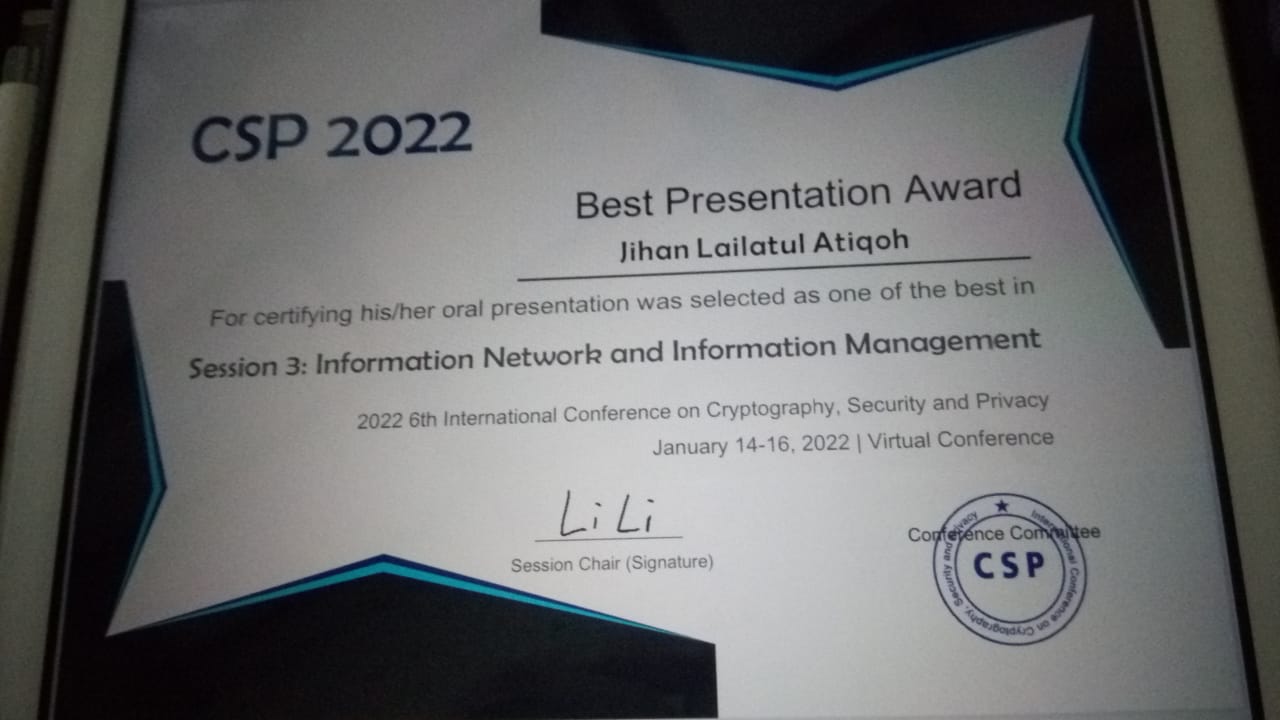 BEST PRESENTATION AWARD di International Conference on Cryptography, Security, and Privacy 2022 BEST PRESENTATION AWARD di International Conference on Cryptography, Security, and Privacy 2022
